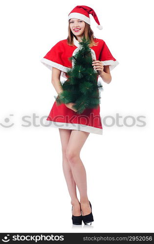 Young woman in red santa costume on white