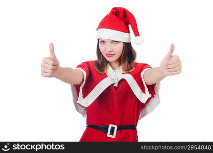 Young woman in red santa costume on white