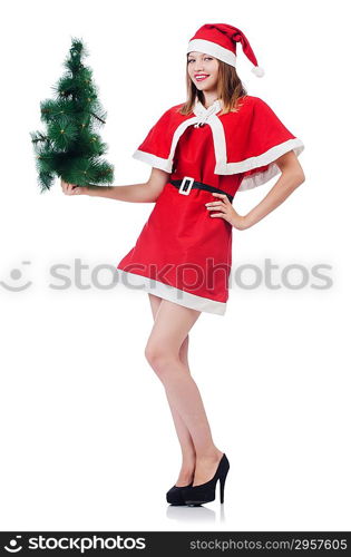 Young woman in red santa costume on white