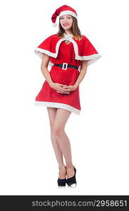 Young woman in red santa costume on white