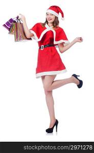 Young woman in red santa costume on white