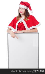 Young woman in red santa costume on white