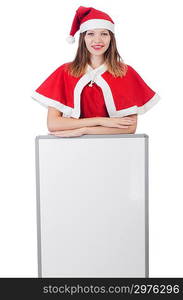 Young woman in red santa costume on white