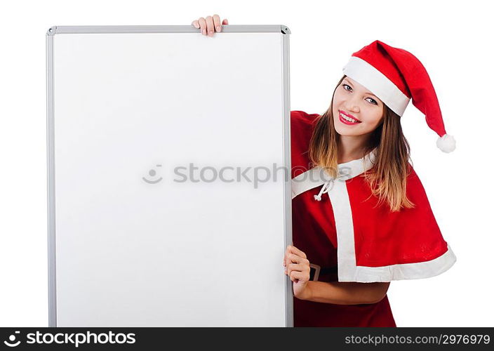 Young woman in red santa costume on white