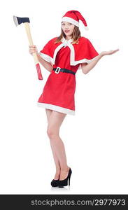 Young woman in red santa costume on white