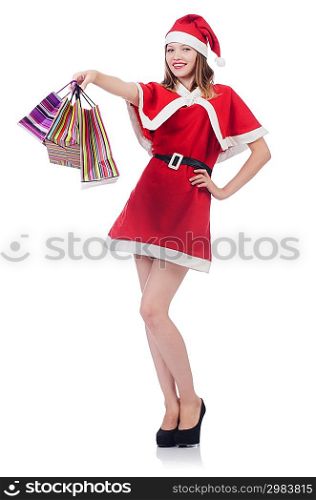 Young woman in red santa costume on white