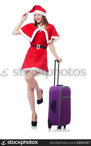 Young woman in red santa costume on white