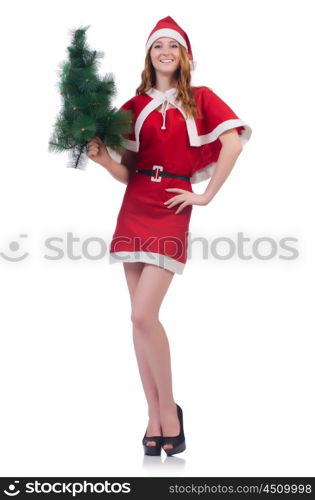 Young woman in red santa costume on white