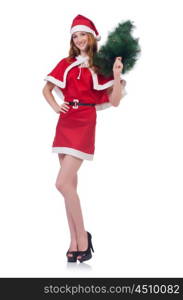 Young woman in red santa costume on white