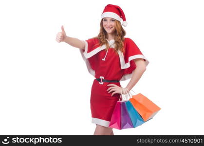 Young woman in red santa costume on white