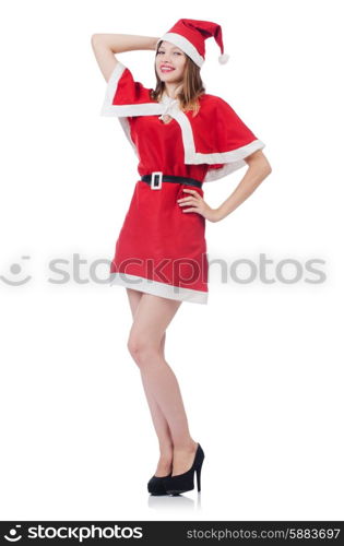 Young woman in red santa costume on white