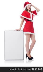 Young woman in red santa costume on white