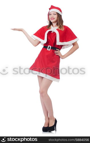 Young woman in red santa costume on white