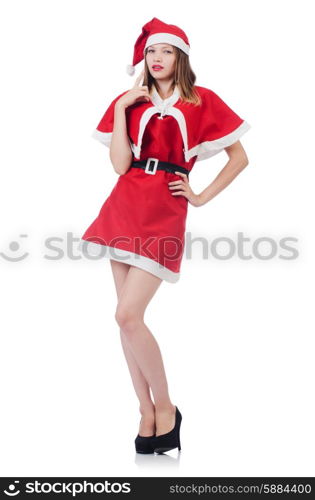 Young woman in red santa costume on white