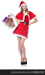 Young woman in red santa costume on white