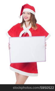 Young woman in red santa costume on white