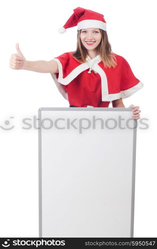 Young woman in red santa costume on white