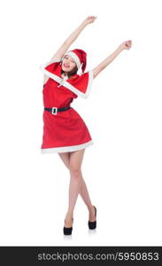 Young woman in red santa costume on white