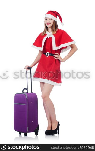 Young woman in red santa costume on white