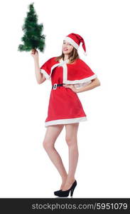 Young woman in red santa costume on white