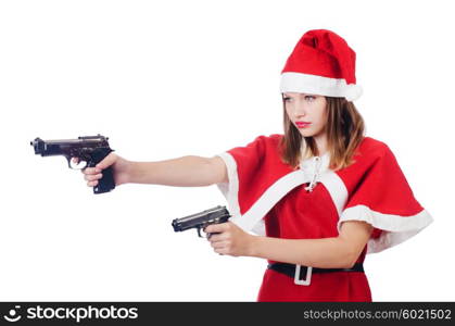 Young woman in red santa costume on white