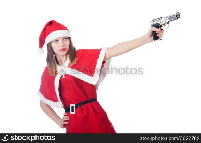 Young woman in red santa costume on white