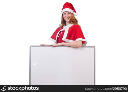 Young woman in red santa costume with blank board