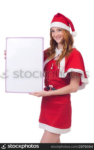 Young woman in red santa costume with blank board