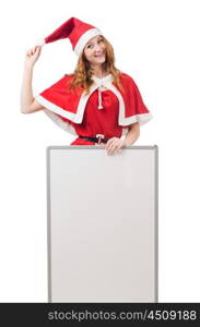 Young woman in red santa costume with blank board