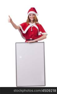 Young woman in red santa costume with blank board