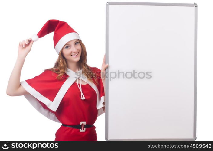 Young woman in red santa costume with blank board