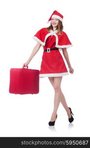 Young woman in red santa costume with suitcase