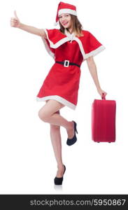Young woman in red santa costume with suitcase