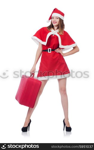 Young woman in red santa costume with suitcase