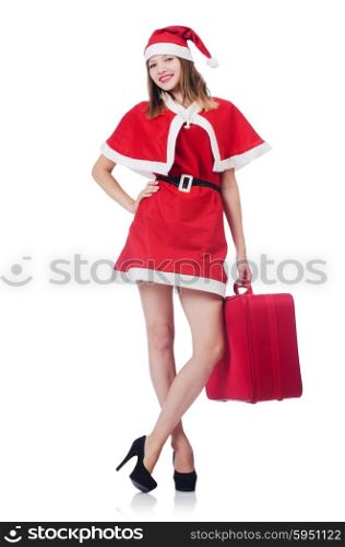 Young woman in red santa costume with suitcase