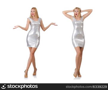 Young woman in silver dress isolated on white