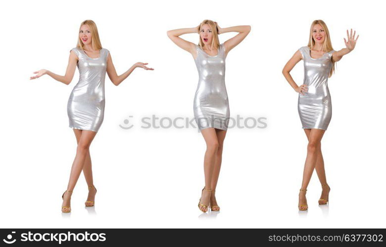 Young woman in silver dress isolated on white