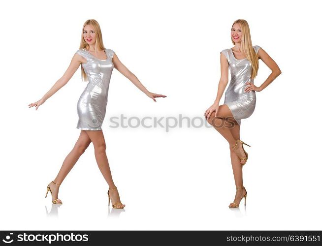 Young woman in silver dress isolated on white