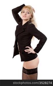 young woman in stockings and a black jacket. isolated on white