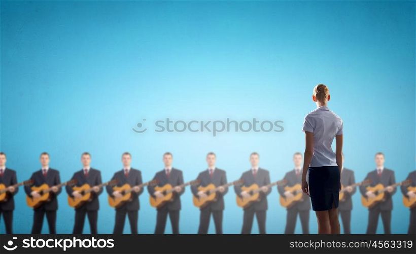 Young woman in suit playing different music instruments. One man band