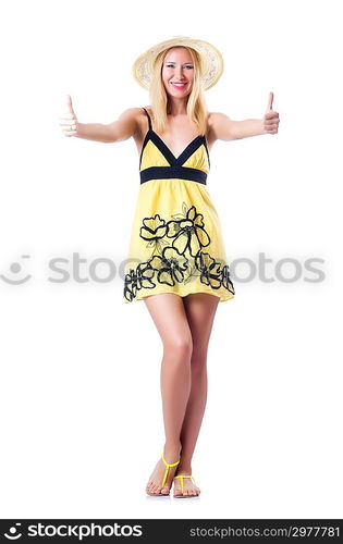 Young woman in summer dress on white