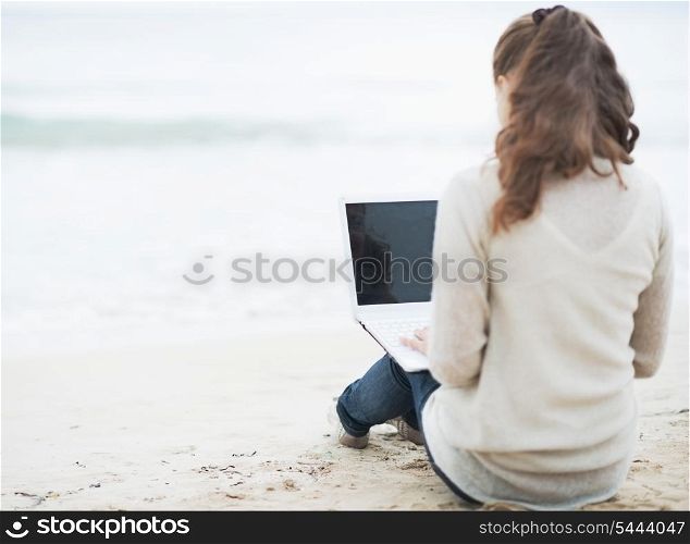 Young woman in sweater sitting on lonely beach and using laptop . rear view