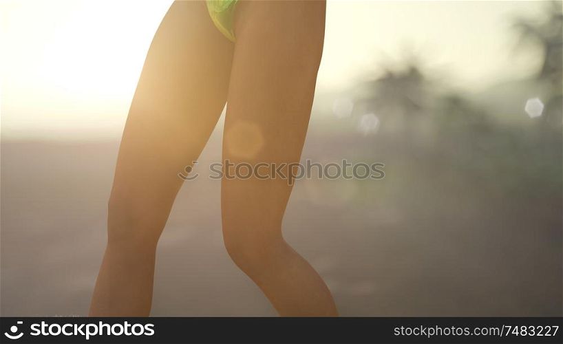 young woman in swimsuit near palms at sunset. Young Woman in Swimsuit at Sunset