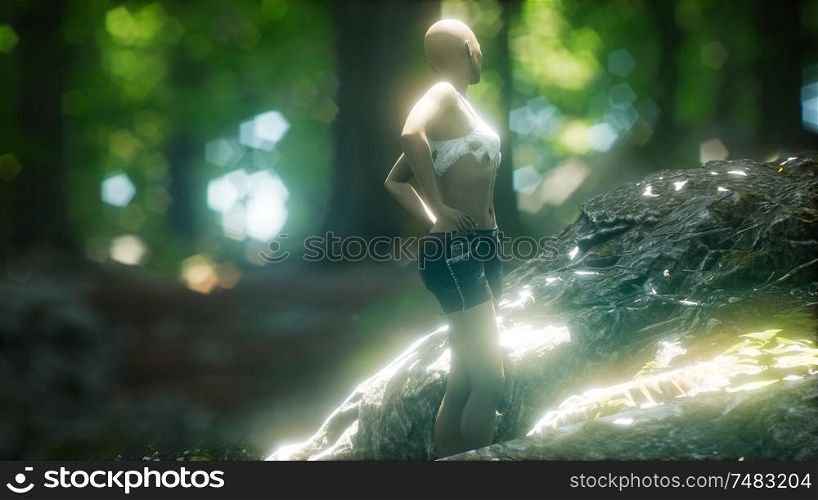 young woman in torn t-shirt in green forest