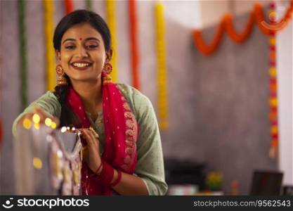Young woman in traditional outfit decorating office during Diwali celebration