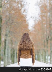 Young woman in winter park. rear view
