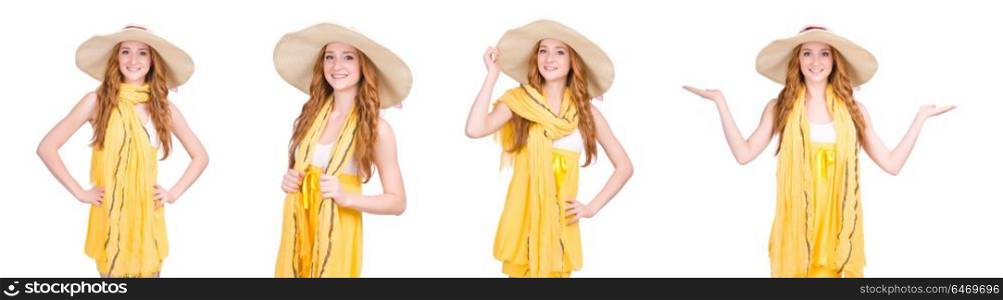 Young woman in yellow summer dress isolated on white