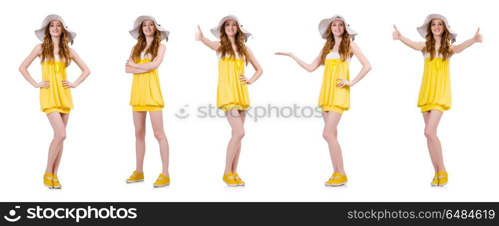 Young woman in yellow summer dress isolated on white