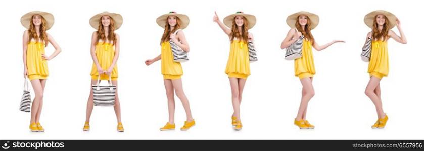 Young woman in yellow summer dress isolated on white