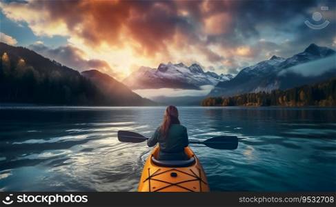 Young woman kayaking in crystal lake background Alps mountains